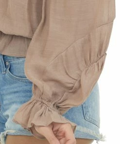 HYFVE Tops Coffee Frilled Off The Shoulder Peasant Blouse