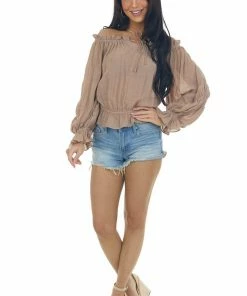 HYFVE Tops Coffee Frilled Off The Shoulder Peasant Blouse