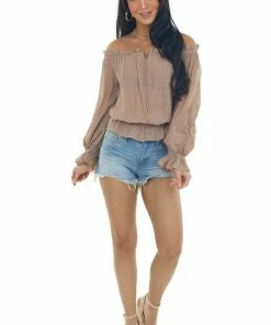 HYFVE Tops Coffee Frilled Off The Shoulder Peasant Blouse