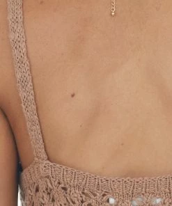 HYFVE Tops Coffee Sleeveless Ribbed Hem Crochet Knit Top