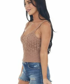 HYFVE Tops Coffee Sleeveless Ribbed Hem Crochet Knit Top