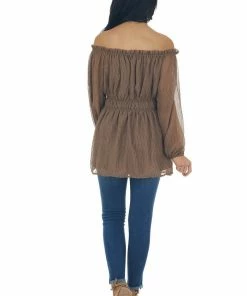143 Story Coffee Textured Off Shoulder Smocked Waist Top Tops 21 143 Story Coffee Textured Off Shoulder Smocked Waist Top Tops