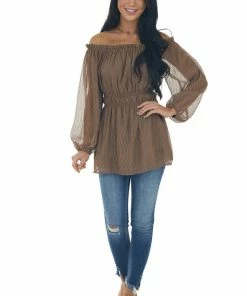 143 Story Coffee Textured Off Shoulder Smocked Waist Top Tops 19 143 Story Coffee Textured Off Shoulder Smocked Waist Top Tops