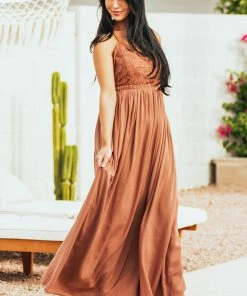 Wishlist Cognac Brown Sleeveless With Lace Maxi Dress