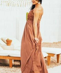 Wishlist Cognac Brown Sleeveless With Lace Maxi Dress
