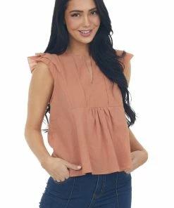 Grade & Gather Cognac Cap Sleeve Notch Neckline Top With Pintuck Detail Tops