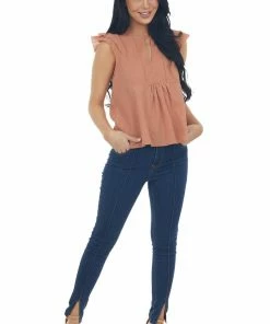 Grade & Gather Cognac Cap Sleeve Notch Neckline Top With Pintuck Detail Tops