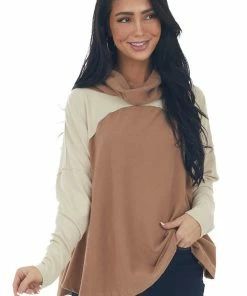 143 Story Tops Cognac Colorblock Cowl Neck Soft Wide Fit Top