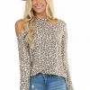 Haptics Cognac Leopard Print Cold Shoulder Long Sleeve Knit Top Tops