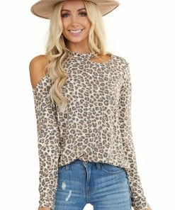 Haptics Cognac Leopard Print Cold Shoulder Long Sleeve Knit Top Tops