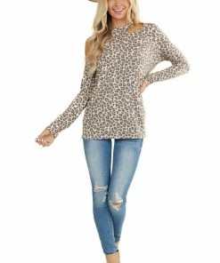 Haptics Cognac Leopard Print Cold Shoulder Long Sleeve Knit Top Tops