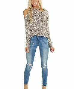 Haptics Cognac Leopard Print Cold Shoulder Long Sleeve Knit Top Tops