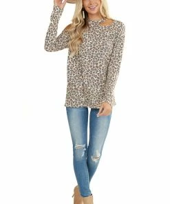 Haptics Cognac Leopard Print Cold Shoulder Long Sleeve Knit Top Tops