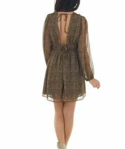 Lush Clothing Dresses Cognac Leopard Print Deep V Neck Mini Dress