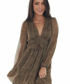 Lush Clothing Dresses Cognac Leopard Print Deep V Neck Mini Dress
