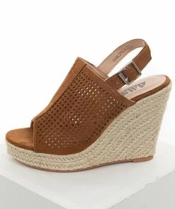 Shoe Shoe Train Shoes Cognac Square Laser Cut Out Espadrille Sling Back Wedges