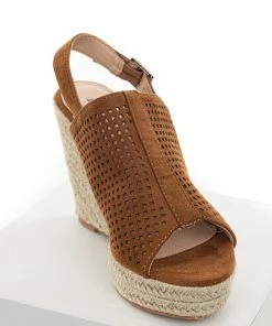 Shoe Shoe Train Shoes Cognac Square Laser Cut Out Espadrille Sling Back Wedges