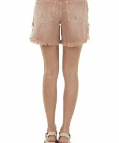 Vervet Bottoms Cognac Washed High Rise Frayed Denim Shorts