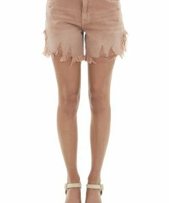Vervet Bottoms Cognac Washed High Rise Frayed Denim Shorts