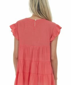 Vanilla Bay Tops Coral Babydoll Tiered Ruffle Sleeve Blouse