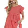 Vanilla Bay Tops Coral Babydoll Tiered Ruffle Sleeve Blouse