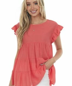 Vanilla Bay Tops Coral Babydoll Tiered Ruffle Sleeve Blouse