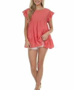 Vanilla Bay Tops Coral Babydoll Tiered Ruffle Sleeve Blouse