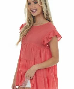 Vanilla Bay Tops Coral Babydoll Tiered Ruffle Sleeve Blouse