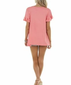 HEIMISH Coral Babydoll V Neck Knit Top With Short Sleeves Tops