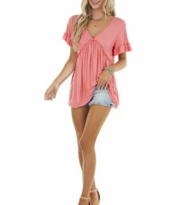 HEIMISH Coral Babydoll V Neck Knit Top With Short Sleeves Tops