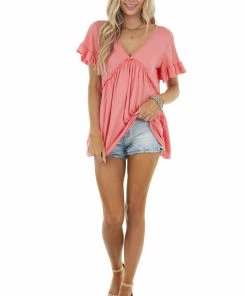 HEIMISH Coral Babydoll V Neck Knit Top With Short Sleeves Tops