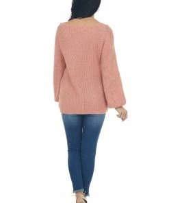 Andree Coral Bishop Sleeve Fuzzy Pointelle Sweater