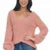 Andree Coral Bishop Sleeve Fuzzy Pointelle Sweater