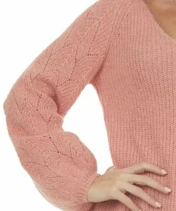 Andree Coral Bishop Sleeve Fuzzy Pointelle Sweater