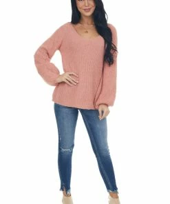 Andree Coral Bishop Sleeve Fuzzy Pointelle Sweater