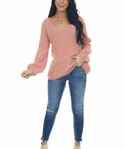 Andree Coral Bishop Sleeve Fuzzy Pointelle Sweater