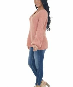 Andree Coral Bishop Sleeve Fuzzy Pointelle Sweater