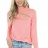 143 Story Coral Chest Cut Out Stretchy Knit Top With Long Sleeves Tops