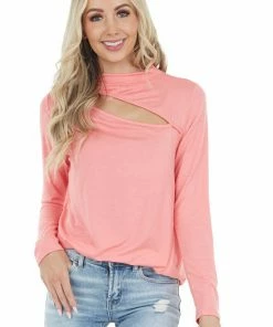 143 Story Coral Chest Cut Out Stretchy Knit Top With Long Sleeves Tops