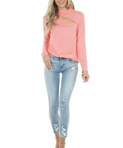 143 Story Coral Chest Cut Out Stretchy Knit Top With Long Sleeves Tops