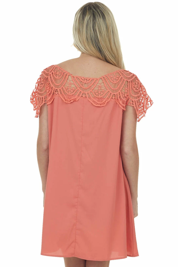 BiBi Coral Crochet Lace Yoke Woven Shift Dress Dresses 9 BiBi Coral Crochet Lace Yoke Woven Shift Dress Dresses