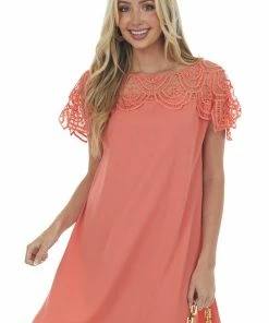 BiBi Coral Crochet Lace Yoke Woven Shift Dress Dresses 12 BiBi Coral Crochet Lace Yoke Woven Shift Dress Dresses