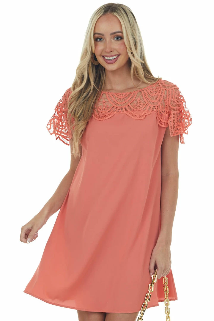 BiBi Coral Crochet Lace Yoke Woven Shift Dress Dresses 5 BiBi Coral Crochet Lace Yoke Woven Shift Dress Dresses