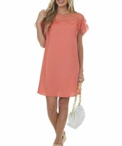 BiBi Coral Crochet Lace Yoke Woven Shift Dress Dresses 14 BiBi Coral Crochet Lace Yoke Woven Shift Dress Dresses