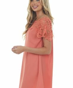 BiBi Coral Crochet Lace Yoke Woven Shift Dress Dresses 15 BiBi Coral Crochet Lace Yoke Woven Shift Dress Dresses