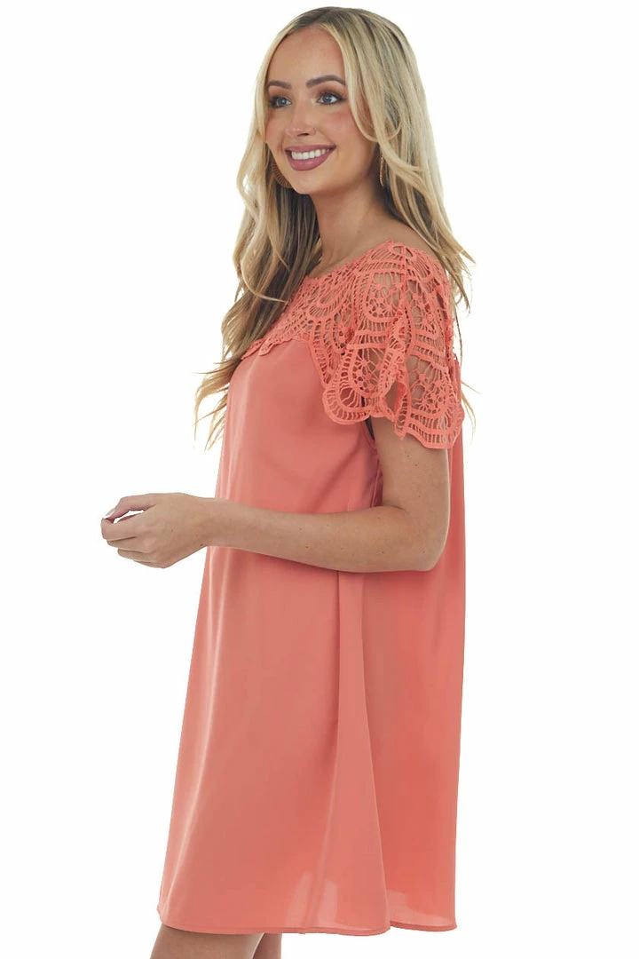 BiBi Coral Crochet Lace Yoke Woven Shift Dress Dresses 8 BiBi Coral Crochet Lace Yoke Woven Shift Dress Dresses