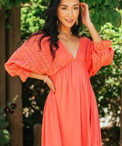 Ninexis Coral Eyelet Lace Dolman Sleeve Deep V Dress