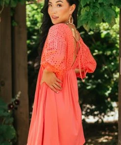 Ninexis Coral Eyelet Lace Dolman Sleeve Deep V Dress