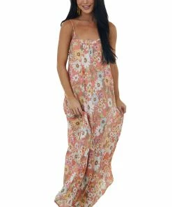 Sweet Lemon Coral Floral Sleeveless Open Back Maxi Dress Dresses