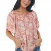 HESED Tops Coral Floral Swiss Dot Short Flutter Sleeve Top
